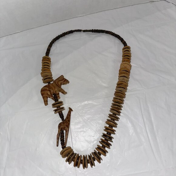 Wooden Animal Bead Necklace With Hand-Carved Giraffe & Elephant Coconut Beads - Picture 1 of 5